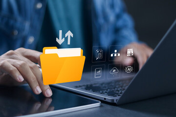 Document management system concept. Centralized repository for storage, and distribution. Person using laptop with document management information system. organize, and manage digital documents. © Pakin