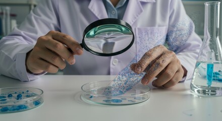 Scientist in lab coat examines a petri dish through magnifying glass, another dish and flask are present