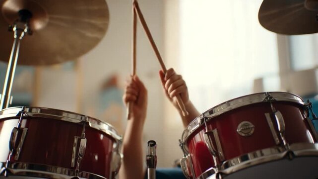 Rhythmic Passion: A close-up shot captures the hands of a drummer striking a drum, surrounded by drum set, evoking the energy of a percussion performance
