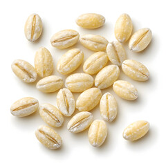 Obraz premium Close-up of pearled barley grains isolated on a white background, highlighting their smooth,