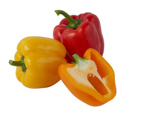 Fresh red, yellow, orange peppers cut out isolated transparent background