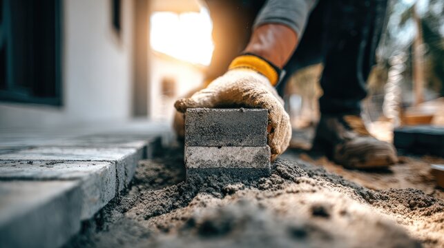 Paver stones being laid on a bed of sand.