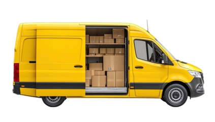 Yellow delivery van with open cargo bay, stacked boxes