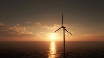Wind Turbine Under Stunning Sunset Over Calm Ocean Waters