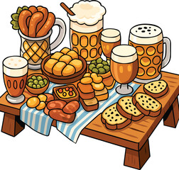 Oktoberfest celebration table with beer mugs, pretzels, bread, snacks, and traditional German food. Perfect for festival, pub menu, brewery, party, or cultural holiday theme
