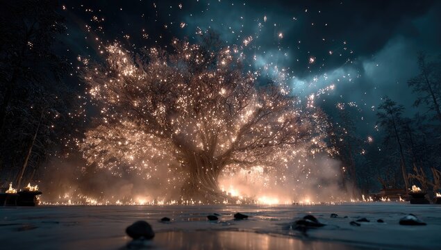 Enchanting, glowing tree in a wintry, mystical landscape.  Sparkling lights emanate from the tree,  surrounding it with a magical aura.  