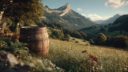 Wooden barrel sits on a hillside meadow, mountains in the background