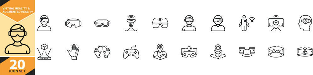Collection of thin line icons representing virtual and augmented reality technology concepts and futuristic interfaces vector