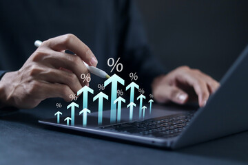 Compound interest rate percentage on investment, dividends, retirement fund, fixed deposit, savings account, stocks, mutual fund. Analysis finance grow graph and market investment on virtual screen.