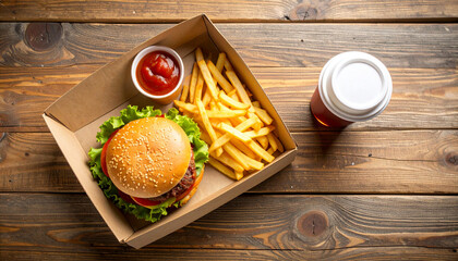 Overhead shot of a burger with fries and ketchup in a cardboard box, complemented by a drink, food photography, fast food burger on wooden table