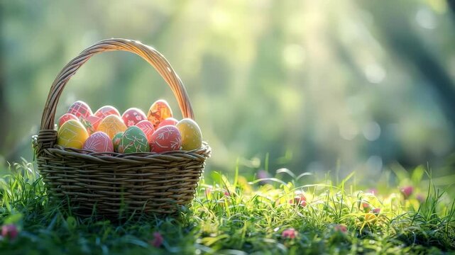 Easter egg basket on grass in spring sunlight