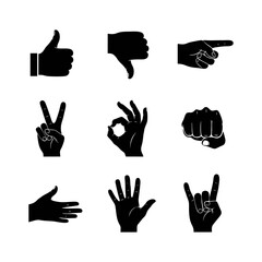 Hand gestures icons set. Black silhouettes of various communication signs including thumbs up, thumbs down, peace, OK, pointing, fist, open hand, and rock on symbol.
