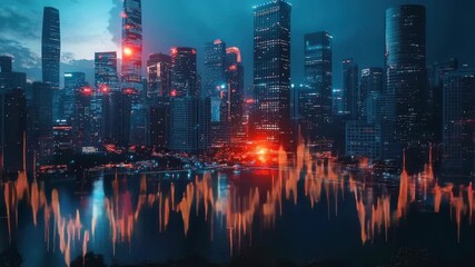 Futuristic financial chart overlays glowing cityscape at dusk, symbolizing stock market trends, economic growth, bull runs, and downturns. - Powered by Adobe