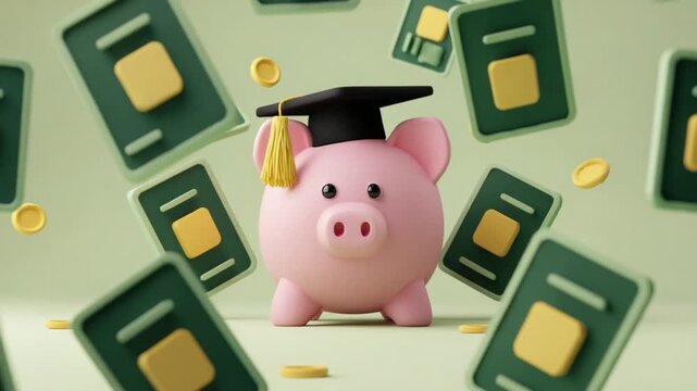 Education Fund Piggy Bank: A charming piggy bank dons a graduation cap, surrounded by scattered scholarship applications and coins, symbolizing the financial investment in education.