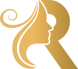 Elegant Gold Beauty Logo with Initial R and Silhouette