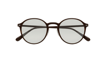 A close up shot of a pair of brown framed glasses with clear lenses on a black background studio shot