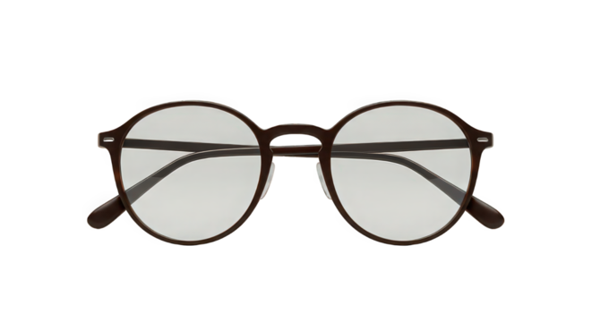 A close up shot of a pair of brown framed glasses with clear lenses on a black background studio shot