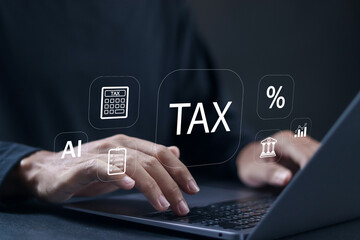 AI technology in finance and accounting. preparing automated tax return, calculating taxes with artificial intelligence tools. Businessman using laptop with tax icon on virtual screen.