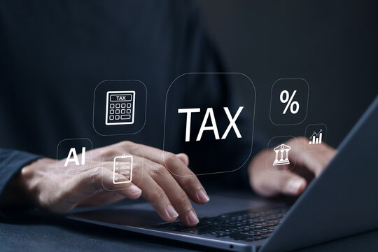 AI technology in finance and accounting. preparing automated tax return, calculating taxes with artificial intelligence tools. Businessman using laptop with tax icon on virtual screen.