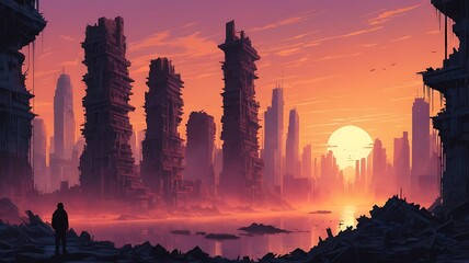 Obraz premium Post-apocalyptic City Ruins at Sunset with Lone Figure