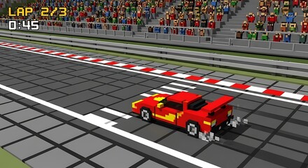 Retro 3D pixel art racing video game with a red car on the track.