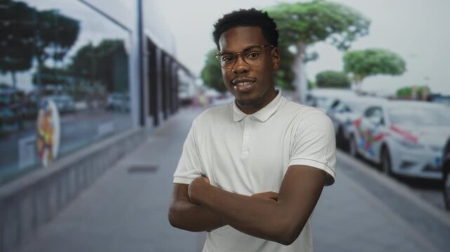Young african american man wearing glasses with crossed arms and bare arms on city street; defiance.