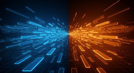 Split screen shows a glowing explosion of rectangular forms. One side blue, the other orange, radiating from the center