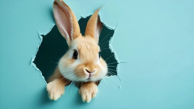 Cute Easter bunny breaking through blue paper wall