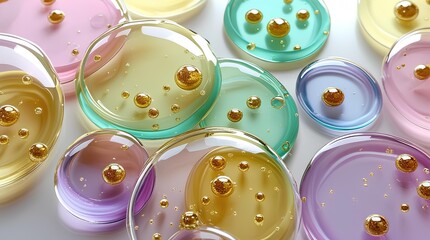 Close-up abstract composition of colorful translucent liquid circles in pastel tones