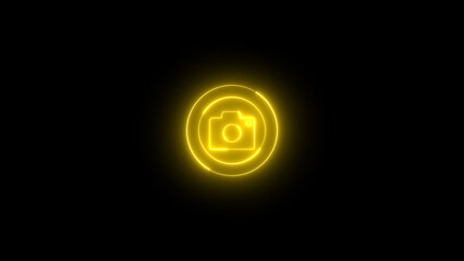 Neon camera icon on the black background.