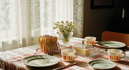 Vintage breakfast table in 1960s style with toast, butter dish, chamomile flowers, ceramic cups, retro plates, morning sunlight through lace curtains creating cozy nostalgic atmosphere in warm kitchen