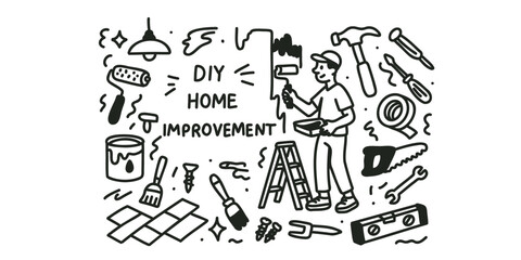 vector illustration home renovation do it yourself, repair and tools,  house construction work,  painting and finishing, diy home repair