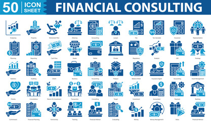 Financial Consulting Icon Set Collection. property, retirement plan, attorney, accounting, lawyer, fee, tax calculate, insurance, representative, planning, reporting editbale stroke eps 10