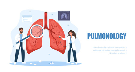Pulmonology concept. Lungs health. Male and female doctor with large magnifier examines internal organs. Vector illustration in flat cartoon style.