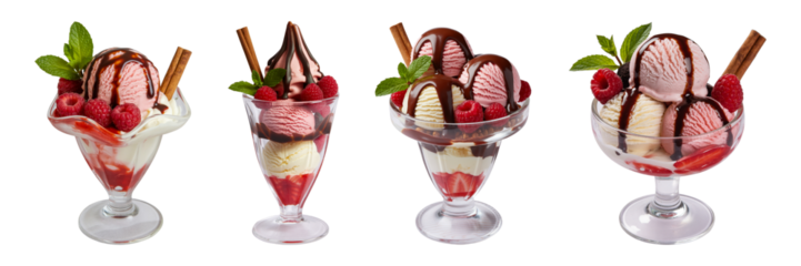Delicious raspberry and chocolate ice cream sundae. Delicious Ice Cream Sundaes with Berries