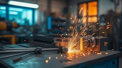 Intense sparks fly as metal is precisely welded in a busy workshop.