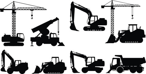 Construction machinery silhouettes, heavy equipment, cranes, excavators, bulldozers, dump trucks, industrial vehicles, building site, construction tools, worksite machines © MDALRAFIN