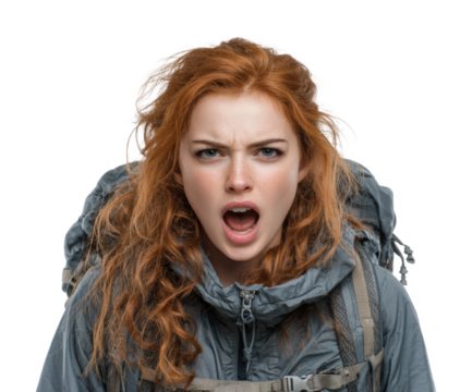 Angry hiker shouting in winter wonderland adventure portrait isolated on transparent background