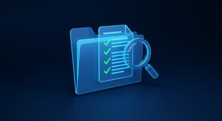 Transparent blue folder holding a document with checkmarks, being examined by a magnifying glass, on dark background