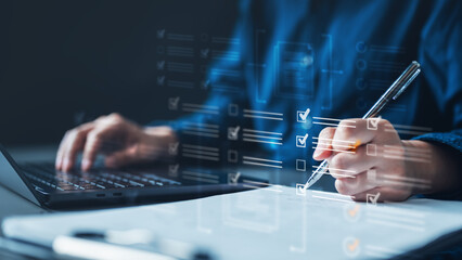 Document management checklist. Check mark approved. Audit certificate evaluate examination...