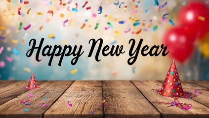  Happy new year message written in bold black ink on a rustic wooden table in 2026 with confetti and balloons in the background ai generative