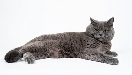 Obraz premium Gray British Shorthair Cat, Relaxed Pose, Fluffy Fur, White Background, Domestic Pet, Cute Animal, F