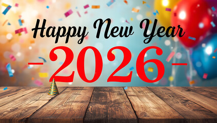  Happy new year message written in bold black ink on a rustic wooden table in 2026 with confetti and balloons in the background ai generative