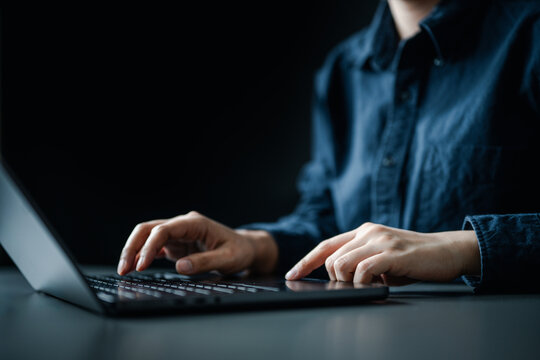 Businessperson hand using laptop. Woman freelancer typing job search. Freelance writing using notebook computer online digital marketing. Programmer software engineer developer. searching internet.