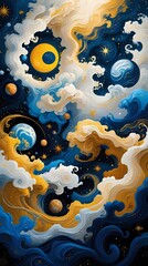 Surreal abstract painting of swirling clouds and celestial bodies, depicting the sun, moon