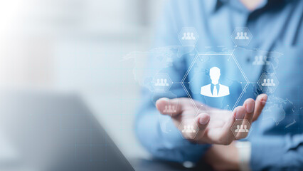 Human resources management technology concept. HR report software. Hiring job. People, Employees data analysis. System integration. ERP system. HR tech business.