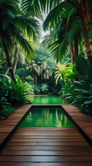 Fototapeta premium Tranquil tropical scene with a wooden deck leading into a serene green pool surrounded by lush jungle vegetation