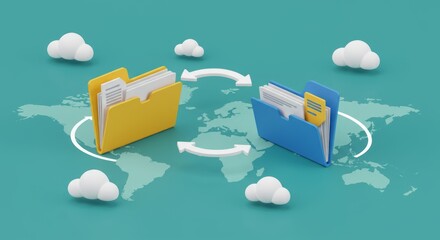 Two folders exchange files via curved arrows against a world map backdrop, with fluffy clouds