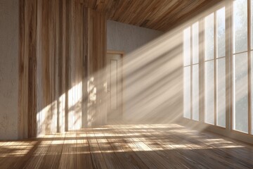 Fototapeta premium Sunlit, empty room with wooden walls and floors