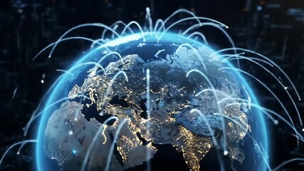 Aerial View of Luminous Earth Globe Displaying Interconnected Global Network Lines Against a Blurred Cityscape Symbolizing Global Connectivity and Modern Technology Innovation - Powered by Adobe